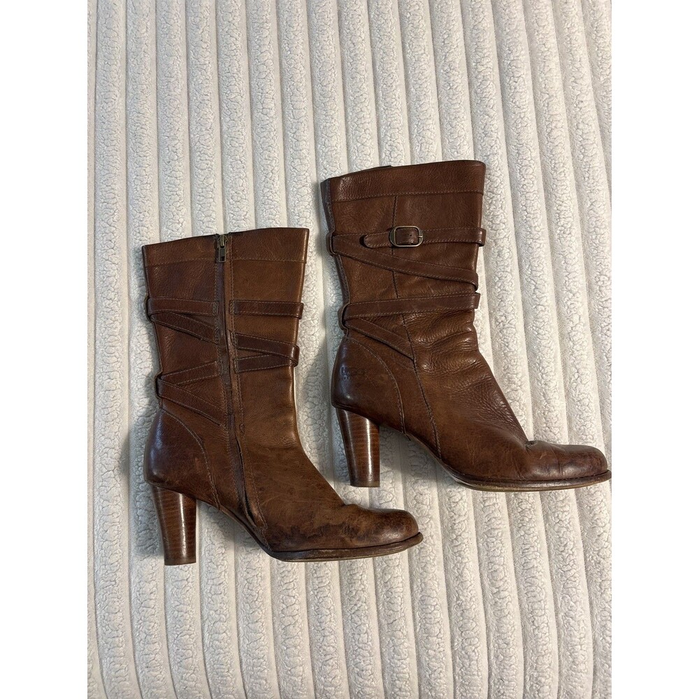 UGG Caroline 5454 Leather Mid Calf High Heel Boots Womens 9 brown Side Zip Cone